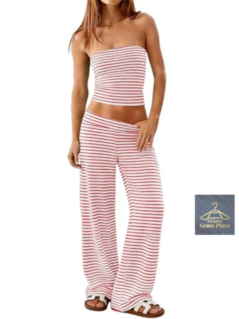Striped Matching Lounge Set Tube Top Wide Leg Pants Summer Casual Beach
